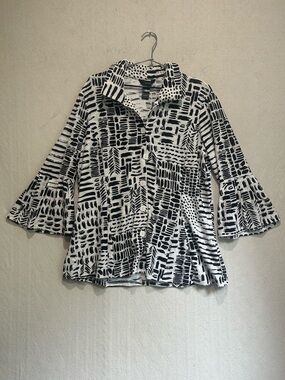 Ali Miles Artsy Black White Graphic Print Button-Down Blouse Sz L Art to Wear